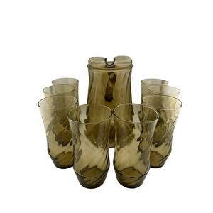 Vintage Libbey Smoky Amber Glass Pitcher and 8 Glasses Set Swirled Pattern